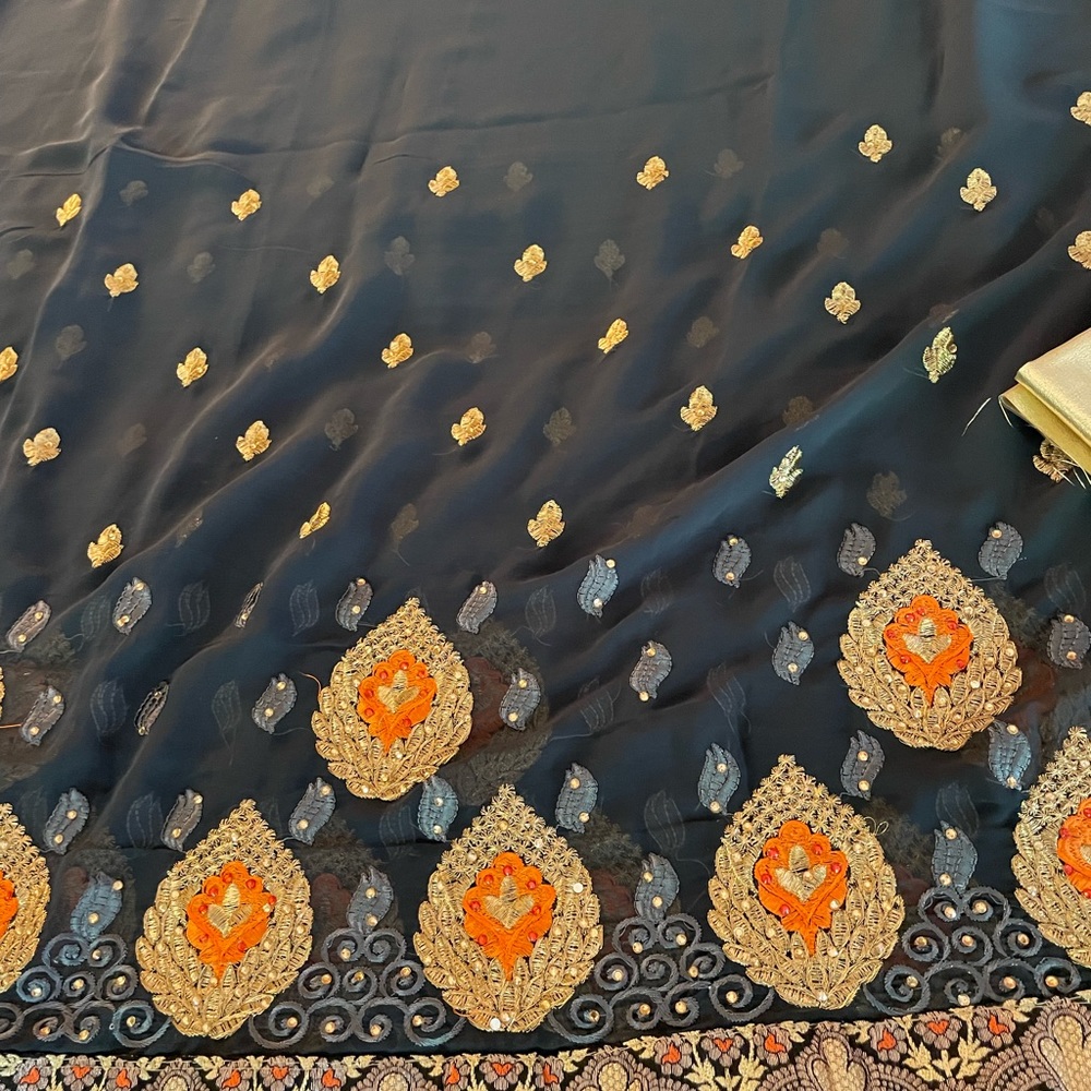 Dark Charcoal Gray with Orange & Gold Chiffon Saree with Blouse Piece